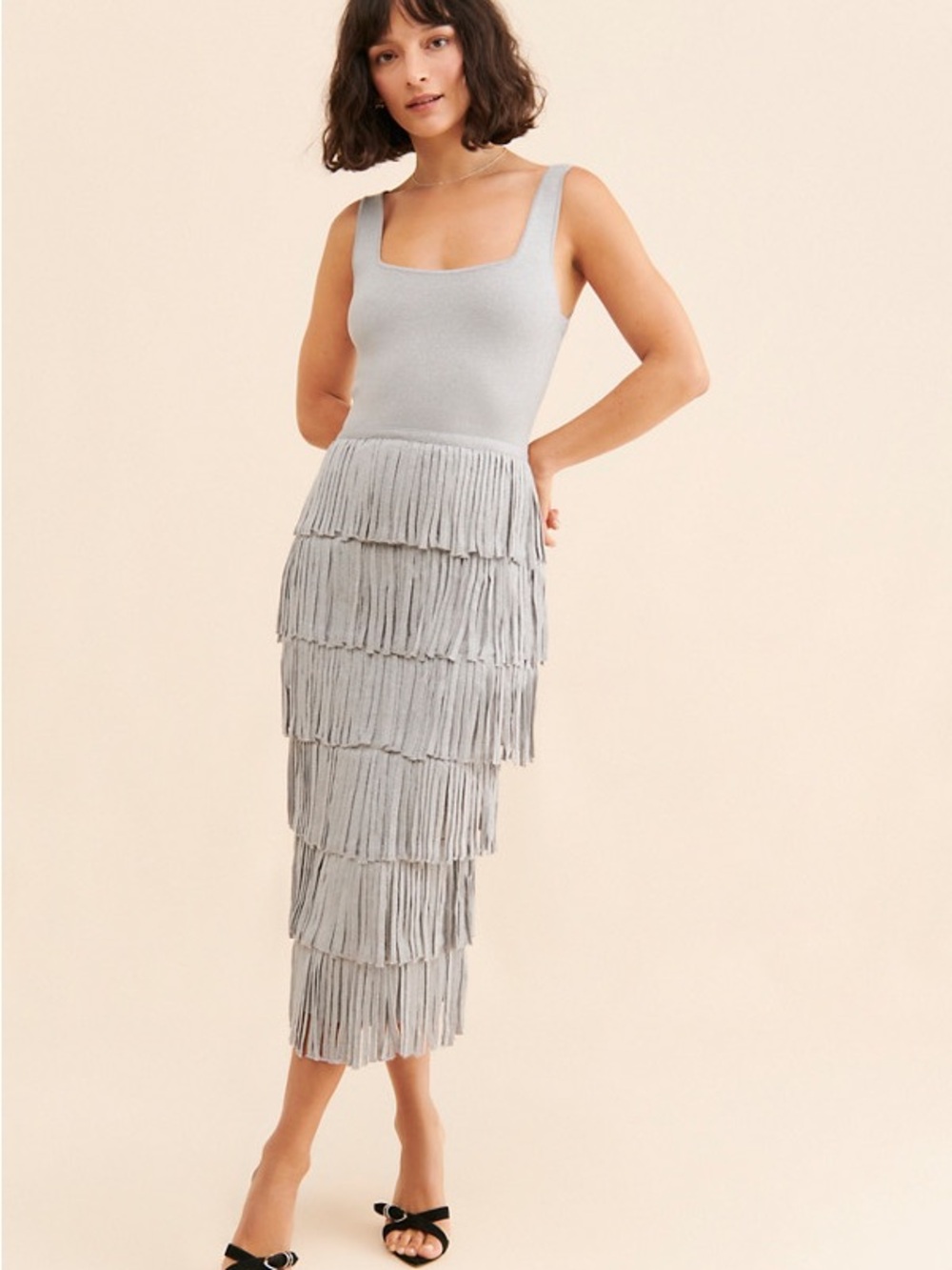 Anthropologie Endless Rose Silver Fringe Knit Maxi Dress